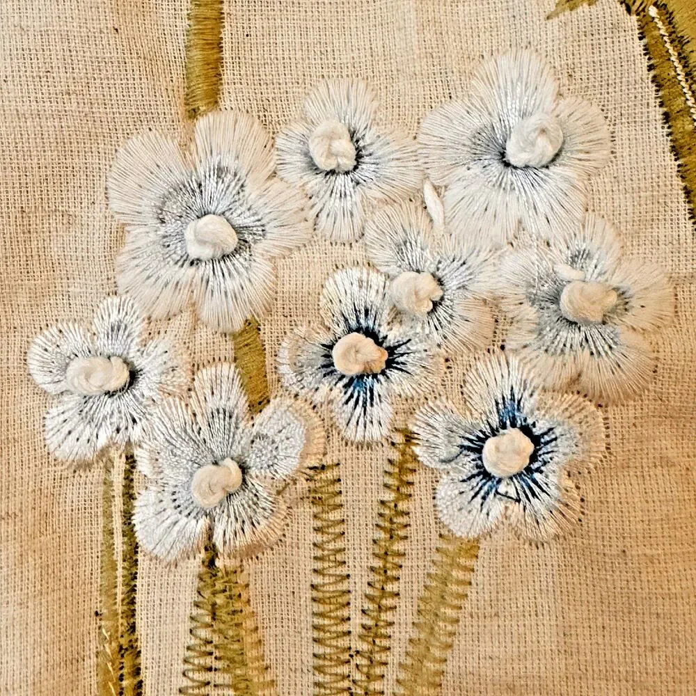 Artistic Embroidered Table Runner‎ Beige Raised Flowers White & Blue 18” X 72''